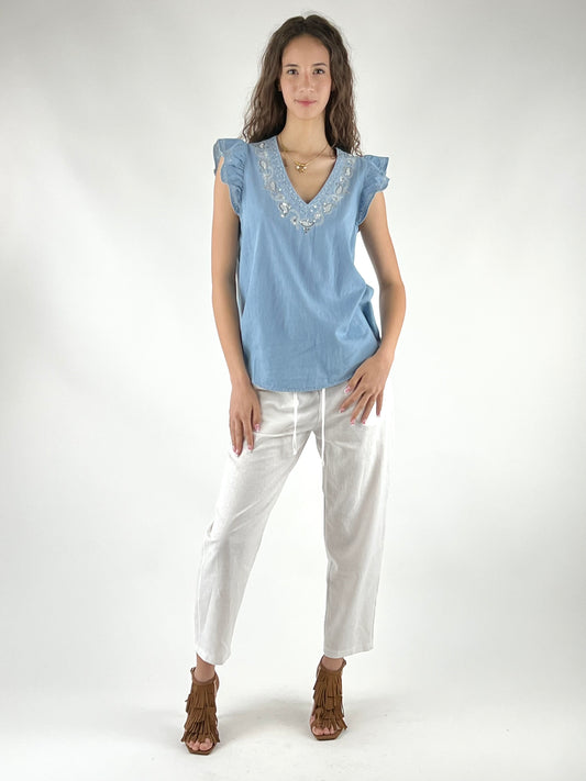 DEVA - BLUSA CHAMBRAY RICAMI E PAILLETTES