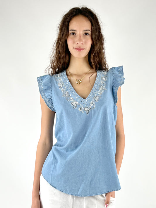 DEVA - BLUSA CHAMBRAY RICAMI E PAILLETTES