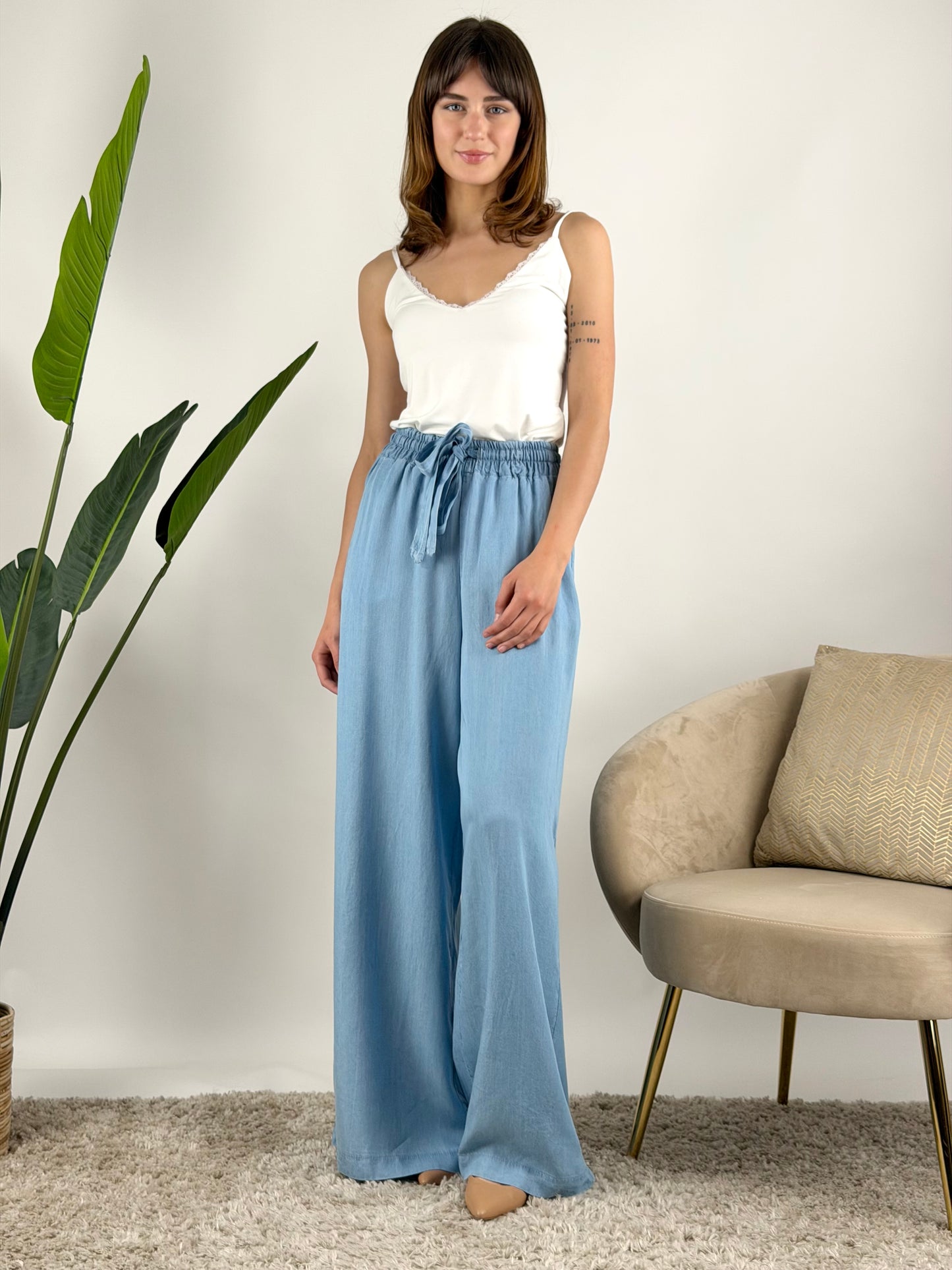 TENSIONE IN - PANTALONE PALAZZO CHAMBRAY
